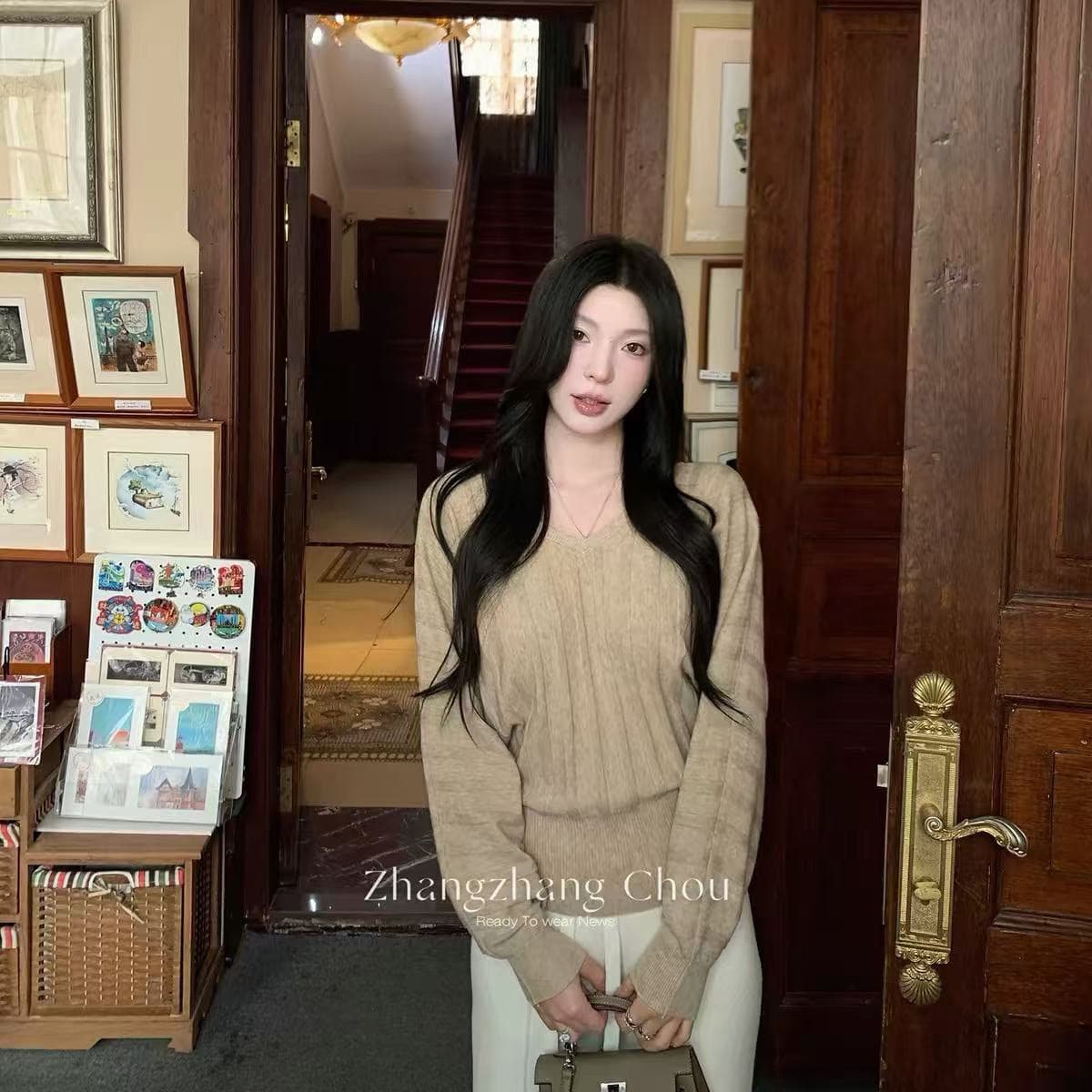 서주 장 챕터 특히 리 서울 느긋한 바람 스트라이프 V넥 긴팔 니트 스웨터 절묘한 몸매 가꾸기 허리 수축 슬림해 보이는 맨위 여성 상세 이미지 5