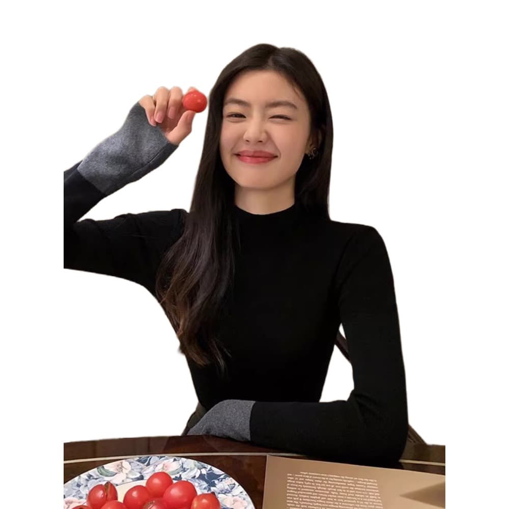 있음 선적 패키지 코어 실 프랑스식 반하이넥 니트 스웨터 여자 chic 배색 기본 셔츠 봄 가을 겨울 상세 이미지 2