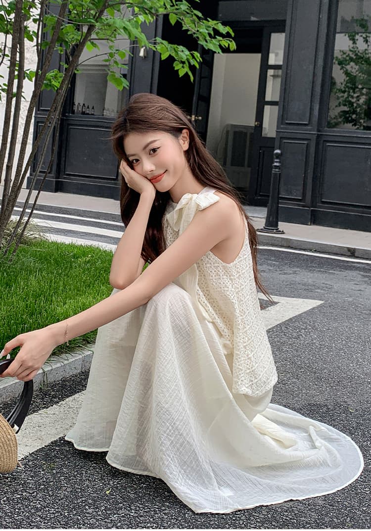 숙녀 작은 키 행침 목 나비 매듭 세트 드레스 여성 2026 여름 품격 슬림해 보이는 조끼 반신 스커트 두 조각 치마 상세 이미지 12
