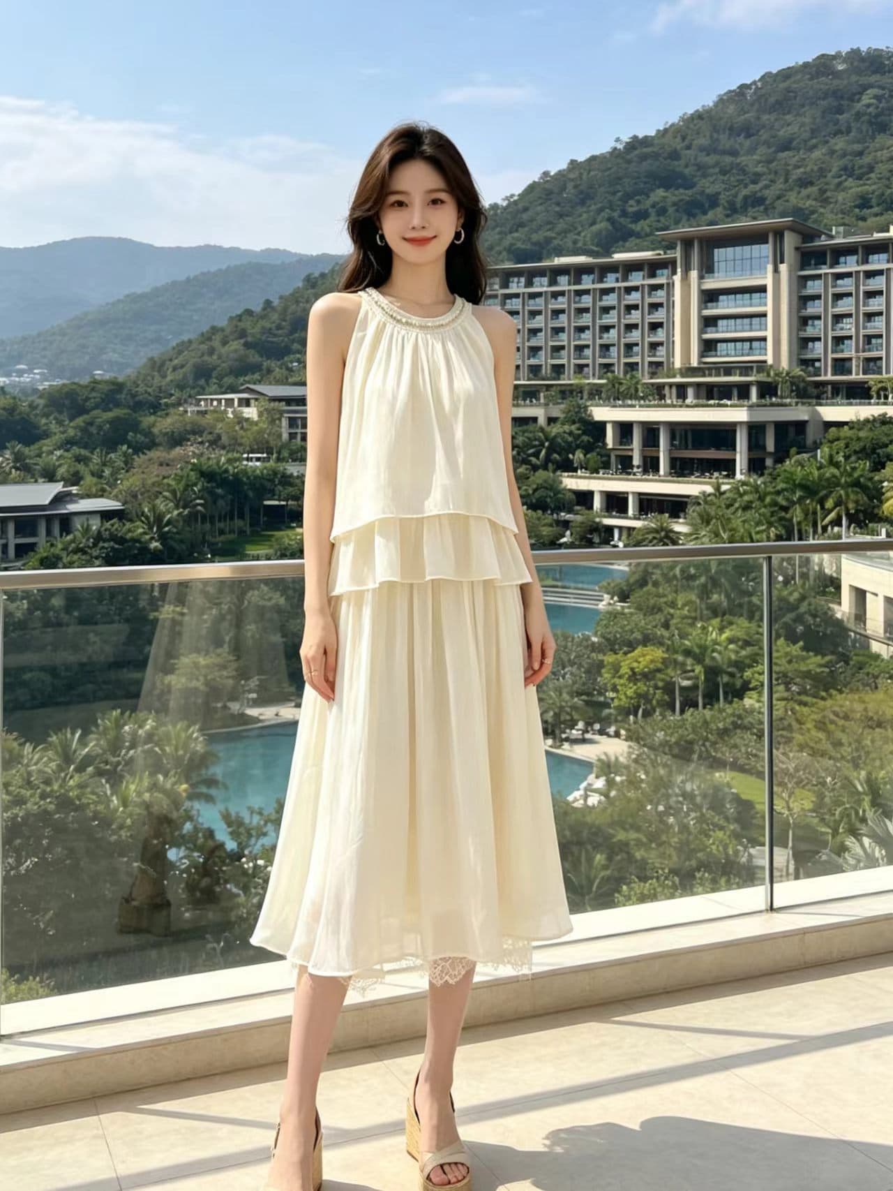 천 골드 센스 품격 비즈 박기 행침 목 민소매 맨위 미니 스커트 여성 의류 2026 여름 새로운 명문 여성 보라색 세트 드레스 상세 이미지 8
