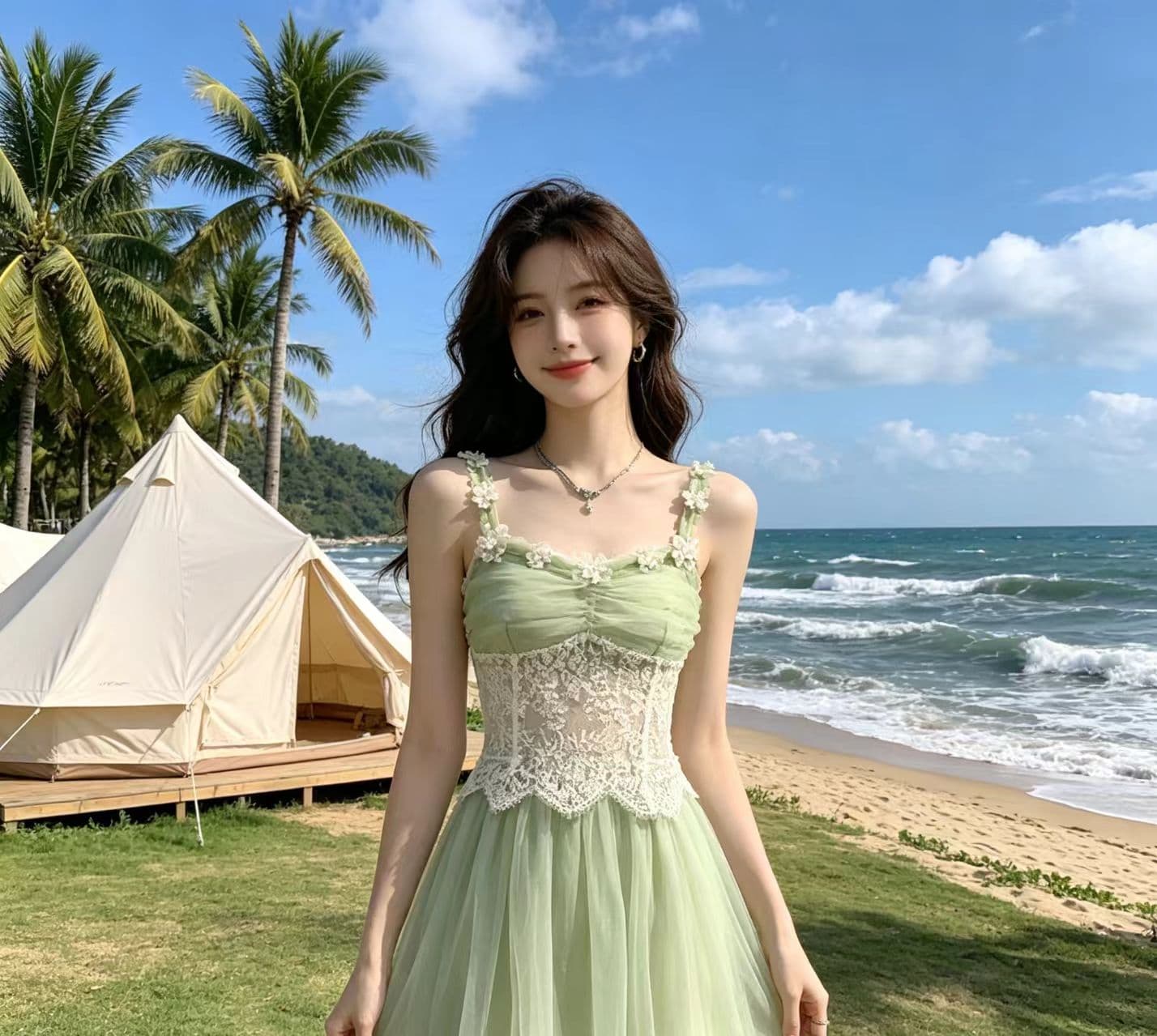 프랑스식 아름다운 슈퍼 요정 녹색 슬립 여성 드레스 여름 꼬집기 허리 슬림해 보이는 해변가 휴가 바람 망사 롱 스커트 이미지 2