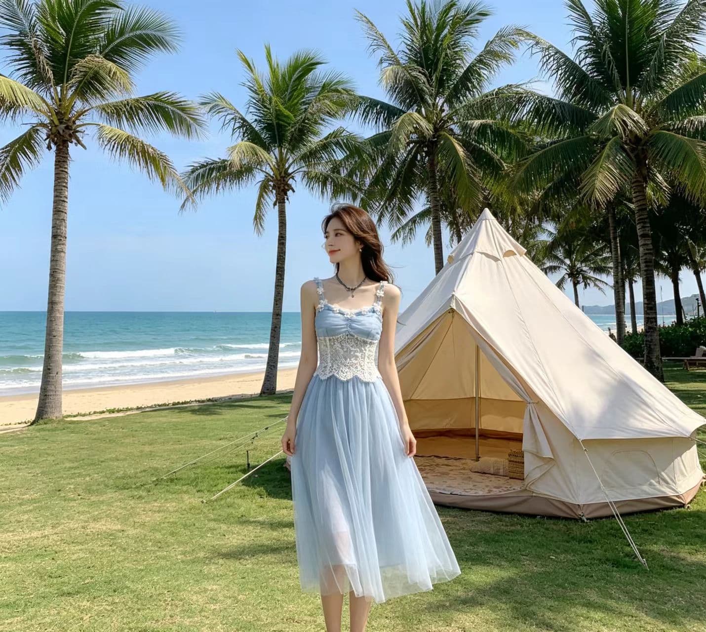 프랑스식 아름다운 슈퍼 요정 녹색 슬립 여성 드레스 여름 꼬집기 허리 슬림해 보이는 해변가 휴가 바람 망사 롱 스커트 이미지 4