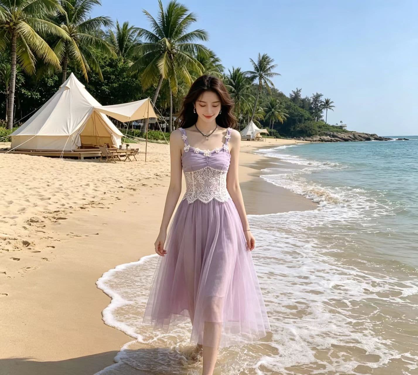 프랑스식 아름다운 슈퍼 요정 녹색 슬립 여성 드레스 여름 꼬집기 허리 슬림해 보이는 해변가 휴가 바람 망사 롱 스커트 상세 이미지 3