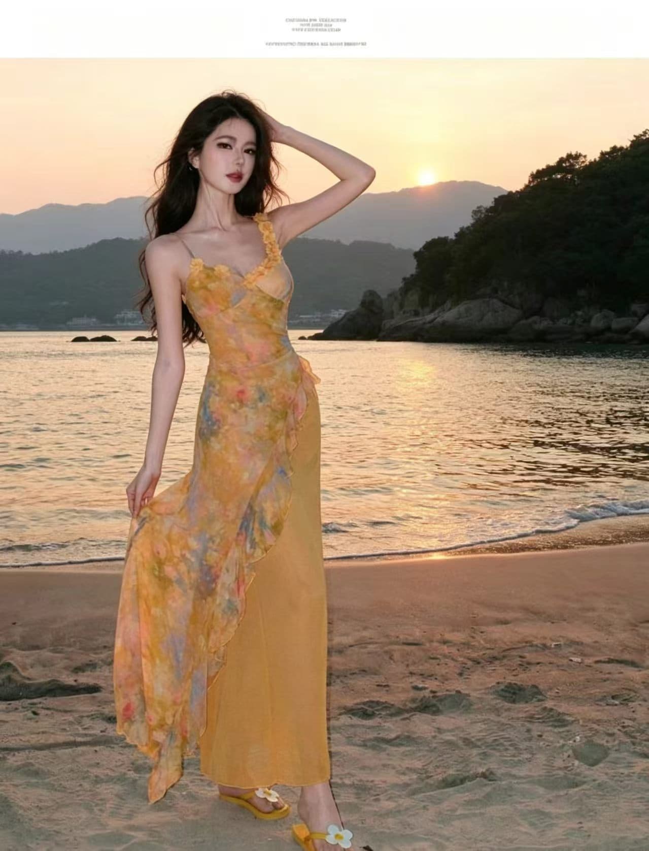 익사 세 물고기 nssy 해변가 휴가 황색 여성 드레스 여름 밝은 예술 건강 착용 가져 가라. 쉬폰 슬립 롱 스커트 상세 이미지 11