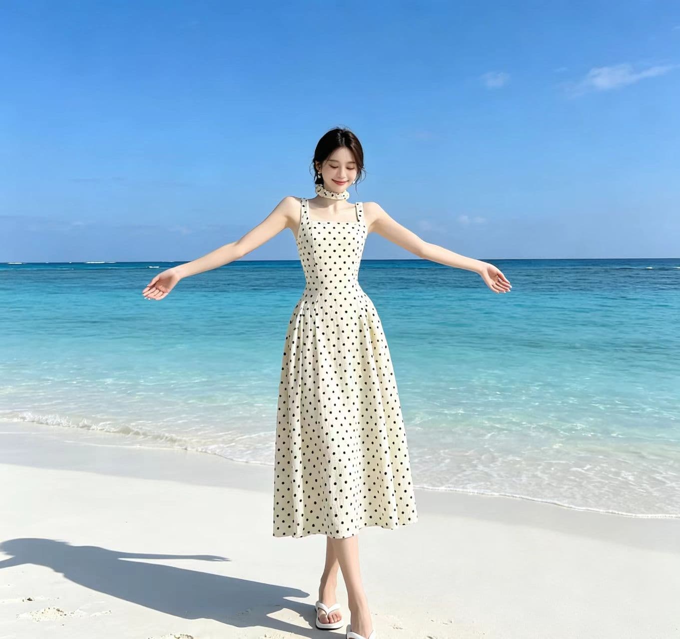 프랑스식 해변가 여행 2026 봄 여름 신제품 보물 섹션 레트로 도트 무늬 허리 수축 드레스 휴가 슬립 롱 스커트 상세 이미지 15