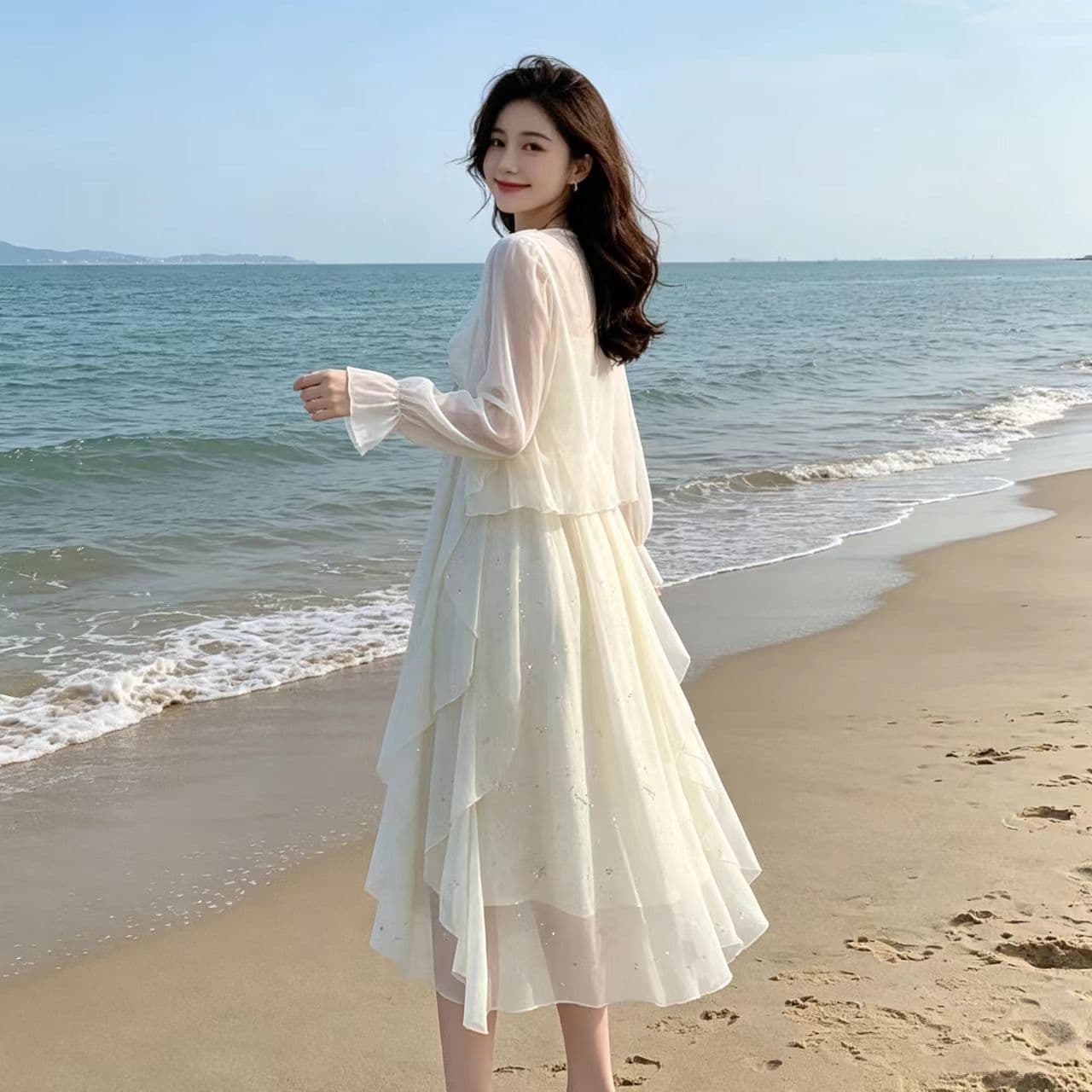 프랑스식 해변가 휴가 드레스 여름 프랑스식 새로운 달콤함 한국 스타일 슬립 절묘한 패션 허리 수축 투피스 세트 이미지 4