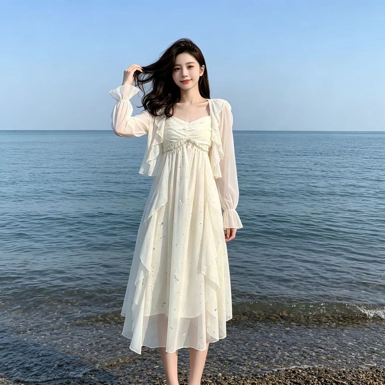 프랑스식 해변가 휴가 드레스 여름 프랑스식 새로운 달콤함 한국 스타일 슬립 절묘한 패션 허리 수축 투피스 세트 상세 이미지 1