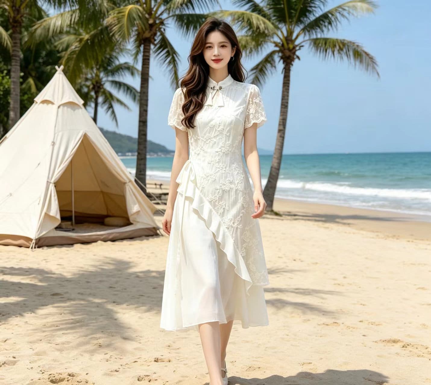 해변가 휴가 불규칙 연꽃 잎 패치워크 드레스 고급 여름 몸매 가꾸기 개선 치파오 새로운 중식 드레스 상세 이미지 1