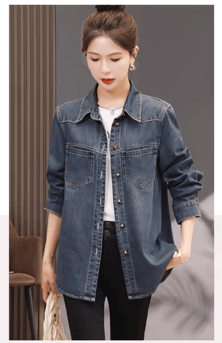 파란색 데님 셔츠 여자 2026 봄 드레스 새로운 루즈핏 중간 길이 스택 착용 캐주얼 POLO 칼라 셔츠 재킷 상세 이미지 12