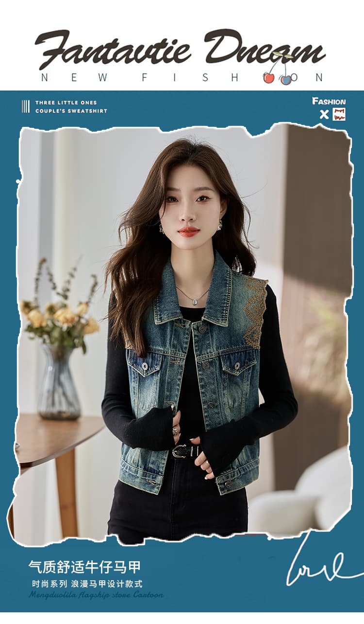 무거운 작업 자수 데님 조끼 여자 봄 드레스 새로운 자이언트 잘 생긴 라운드 넥 민소매 쇼트 스타일 어깨 조끼 스택 착용 조끼 상세 이미지 1