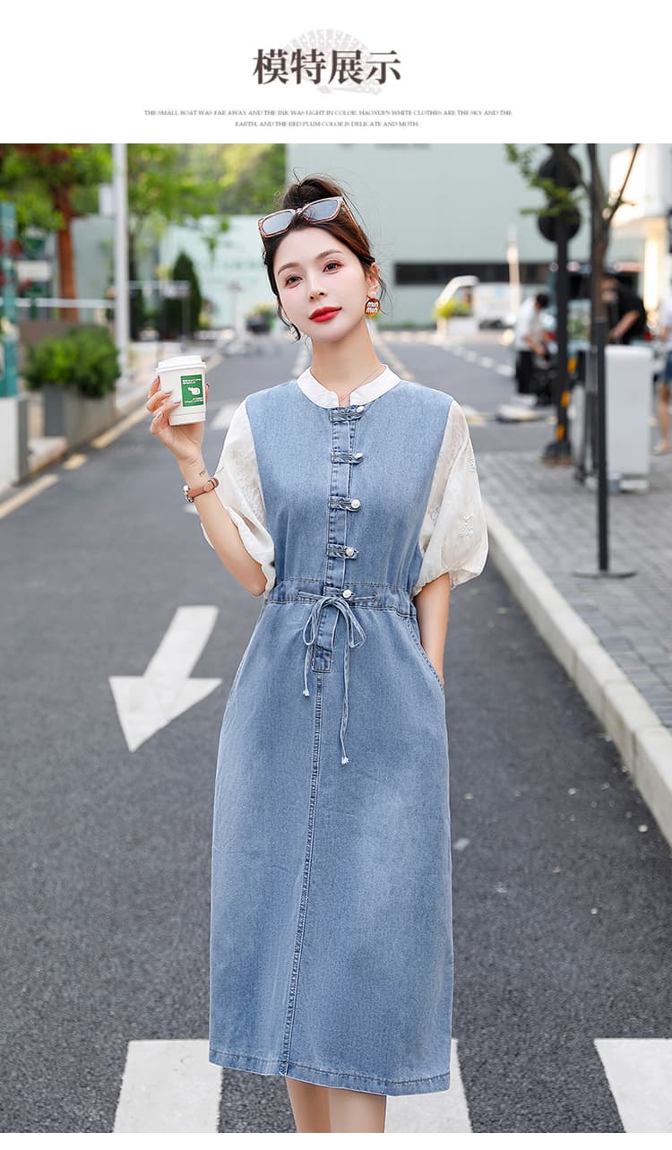 새로운 중식 국풍 단추 데님 스커트 여성 여름 2026 새로운 루즈핏 작은 키 패치워크 페이크 레이어드 드레스 상세 이미지 12