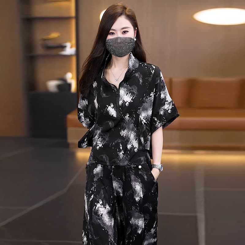 실사 2026 년 외국 가스 빅 사이즈 여성 의류 세트 지방 mm 프린트 패션 루즈핏 슬림해 보이는 하렘 바지 투피스 세트 이미지 5