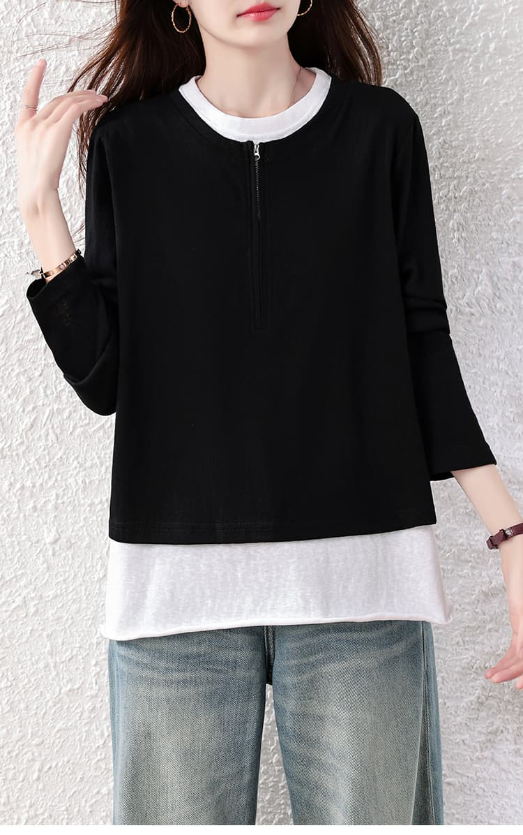빅 사이즈 여성 의류 2026 년 지방 mm 페이크 레이어드 하프 지퍼 디자인 센스 패치워크 배색 캐주얼 다용도 품격 맨위 상세 이미지 18