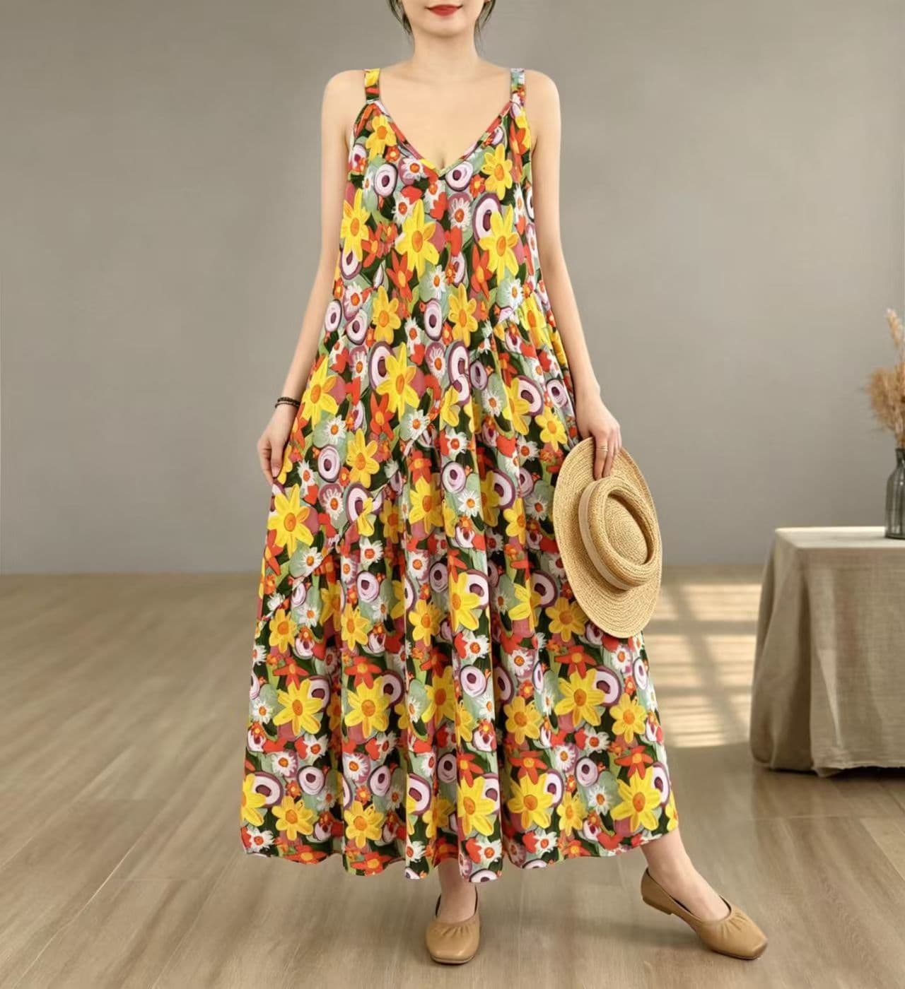 2026 실사 낭만주의 휴가 바람 프린트 V넥 허리 수축 슬립 드레스 빅 사이즈 면 린넨 점프 슈트 롱 스커트 여성 이미지 2