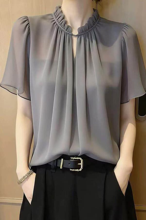 2026 여름 새로운 여성 회색 프릴 칼라 셔츠 빛 럭셔리 고급 센스 연령 감소 슬림해 보이는 쉬폰 블라우스 맨위 이미지 6