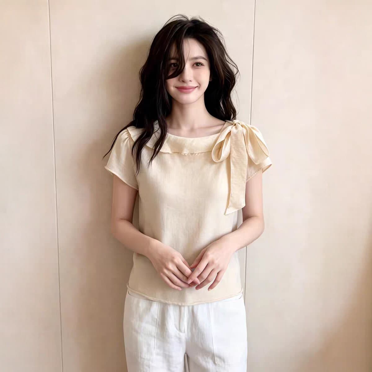 빛 요리 한 바람 베이비 칼라 레이스업 쉬폰 블라우스 여성 의류 여름 새로운 반팔 슬림해 보이는 품격 얇은 스타일 디자인 센스 맨위 이미지 2