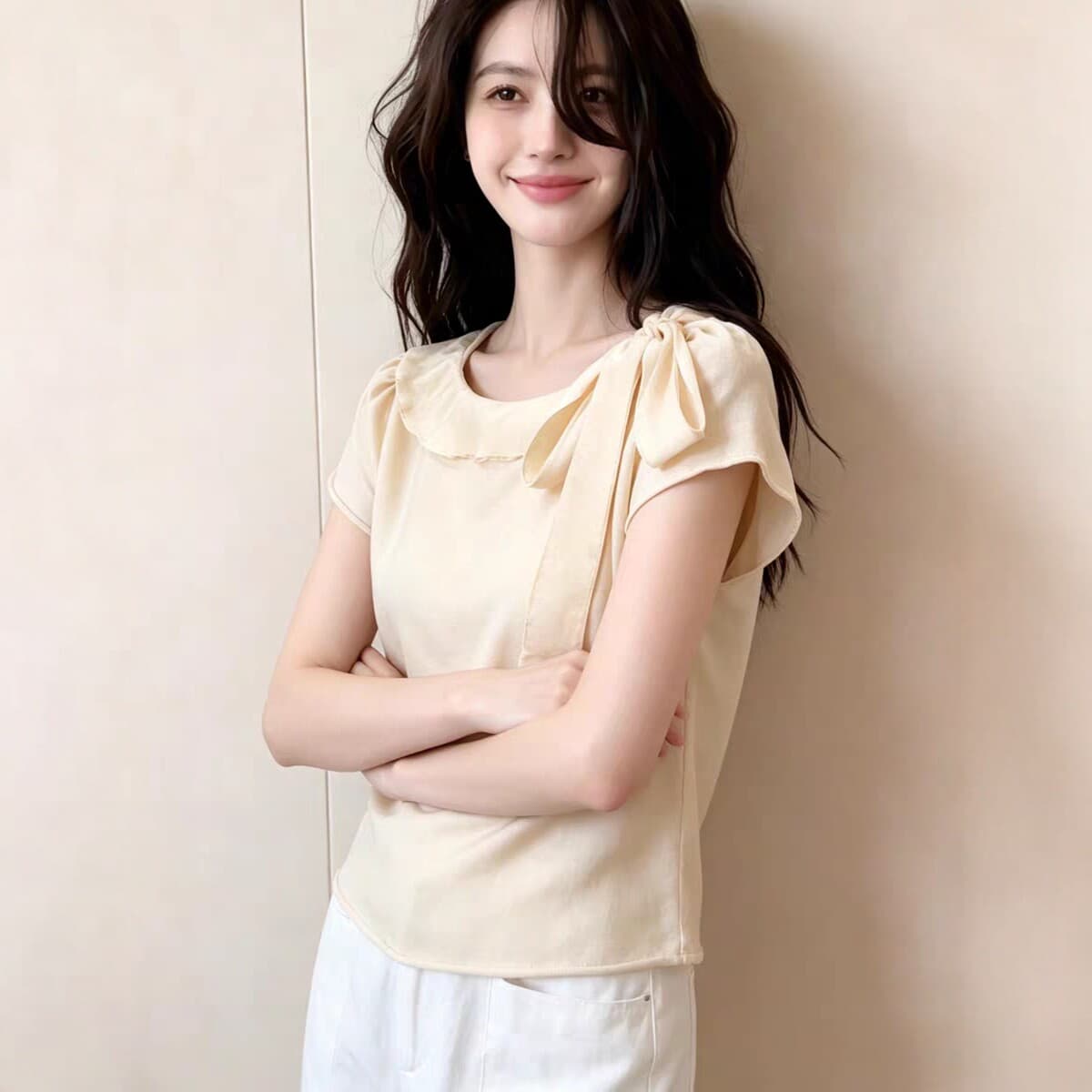 빛 요리 한 바람 베이비 칼라 레이스업 쉬폰 블라우스 여성 의류 여름 새로운 반팔 슬림해 보이는 품격 얇은 스타일 디자인 센스 맨위 이미지 4