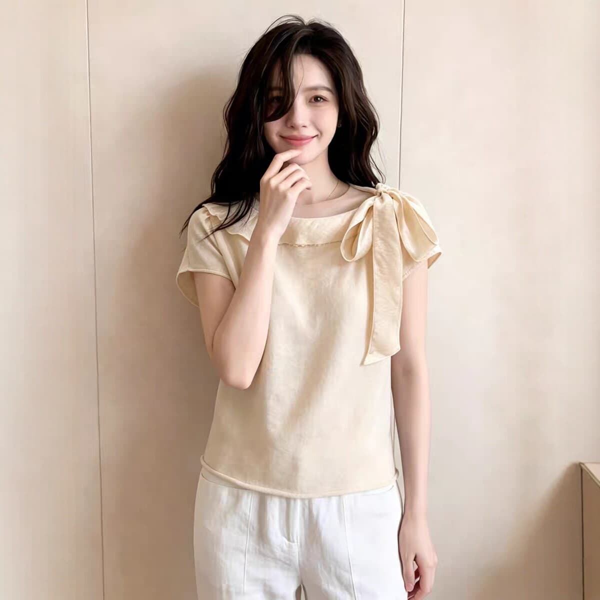 빛 요리 한 바람 베이비 칼라 레이스업 쉬폰 블라우스 여성 의류 여름 새로운 반팔 슬림해 보이는 품격 얇은 스타일 디자인 센스 맨위 이미지 5