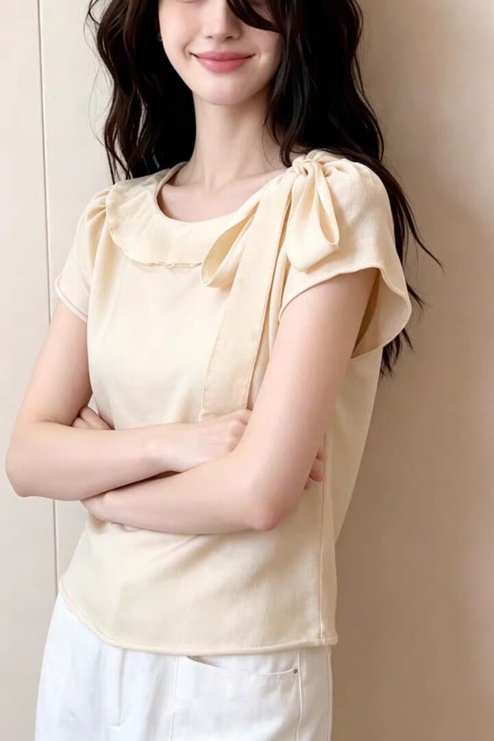 빛 요리 한 바람 베이비 칼라 레이스업 쉬폰 블라우스 여성 의류 여름 새로운 반팔 슬림해 보이는 품격 얇은 스타일 디자인 센스 맨위 이미지 6