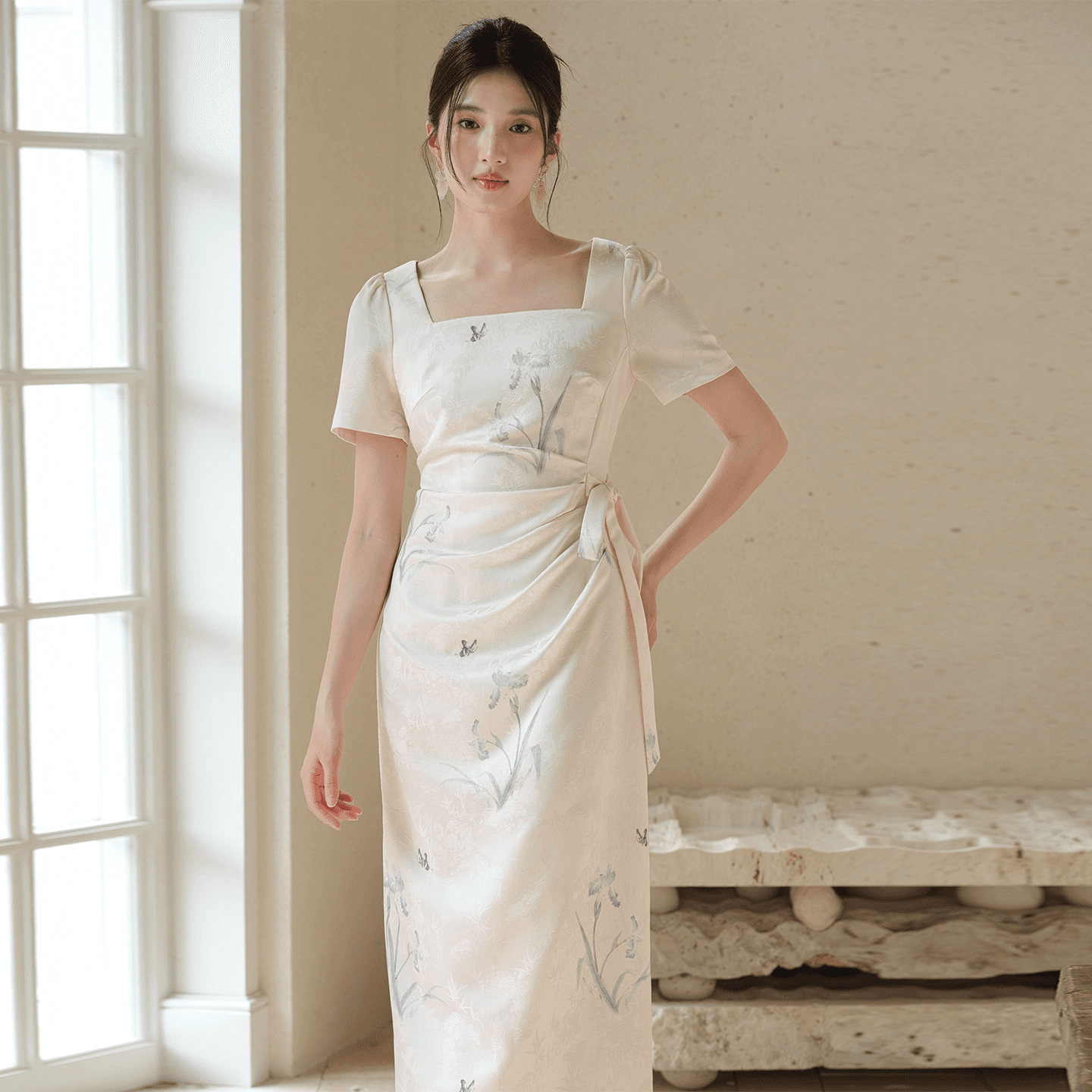 새로운 중식 국풍 치파오 여성 26 여름 새로운 광장 칼라 허리 수축 레이스업 자카드 품격 드레스 상세 이미지 4