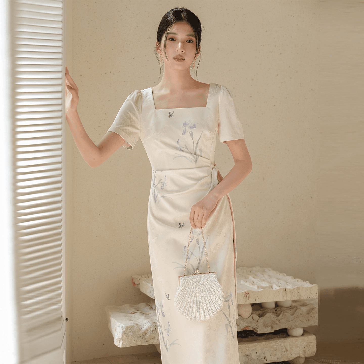 새로운 중식 국풍 치파오 여성 26 여름 새로운 광장 칼라 허리 수축 레이스업 자카드 품격 드레스 상세 이미지 5
