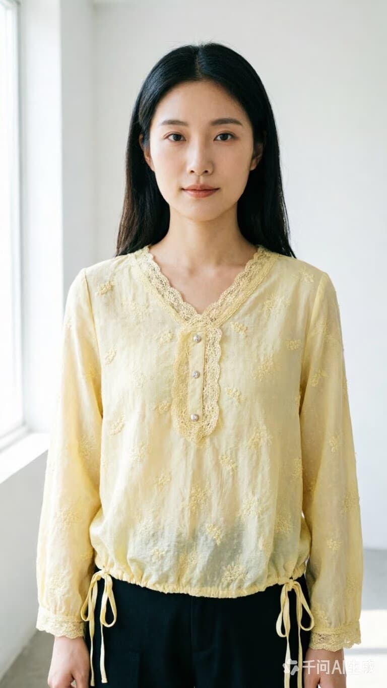 디자인 센스 레이스 V넥 긴팔 맨위 여성 황색 펌프 로프 허리 수축 셔츠 여름 작은 대중 품격 고급 셔츠 상세 이미지 2
