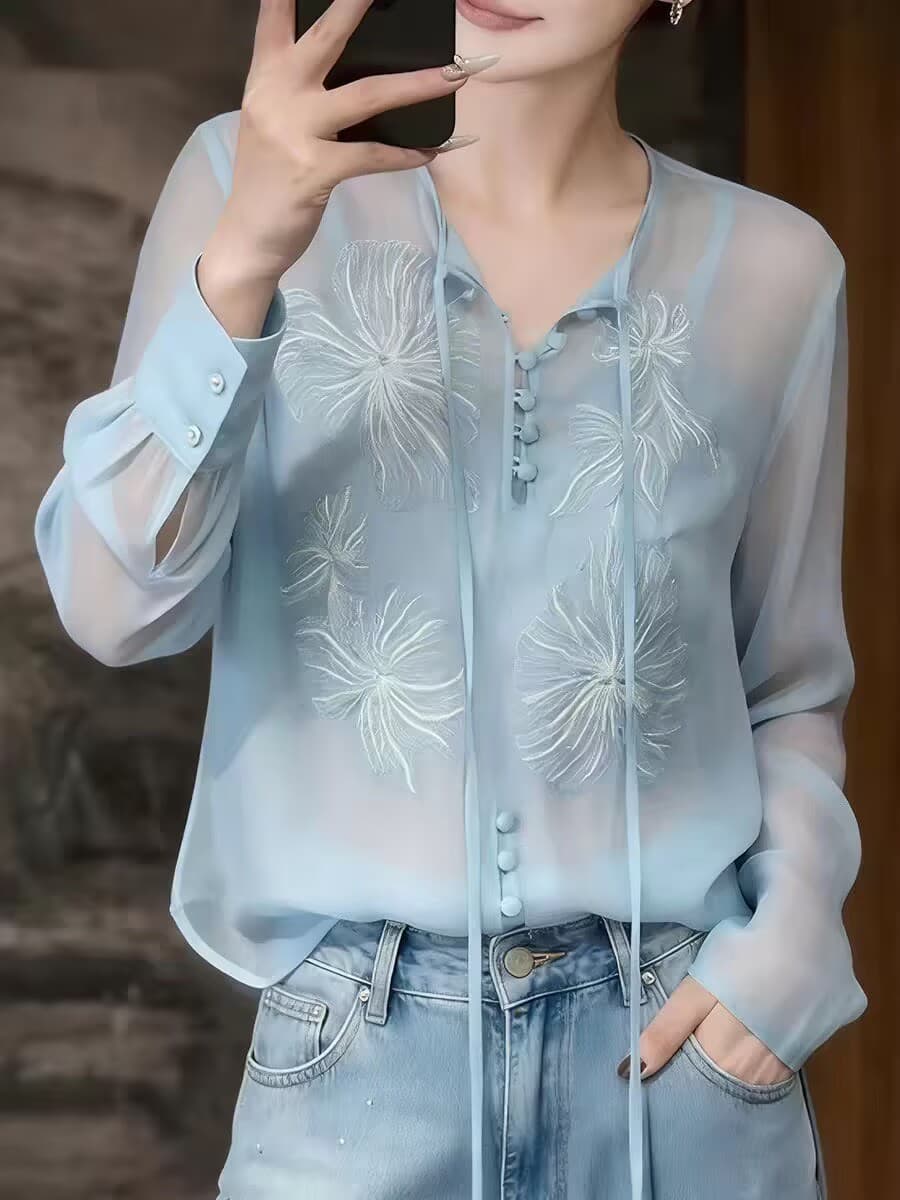 미니멀리즘 바람 파란색 자수 여성 셔츠 2026 봄 여름 긴팔 레이스업 디자인 센스 고급 센스 품격 다용도 맨위 상세 이미지 3