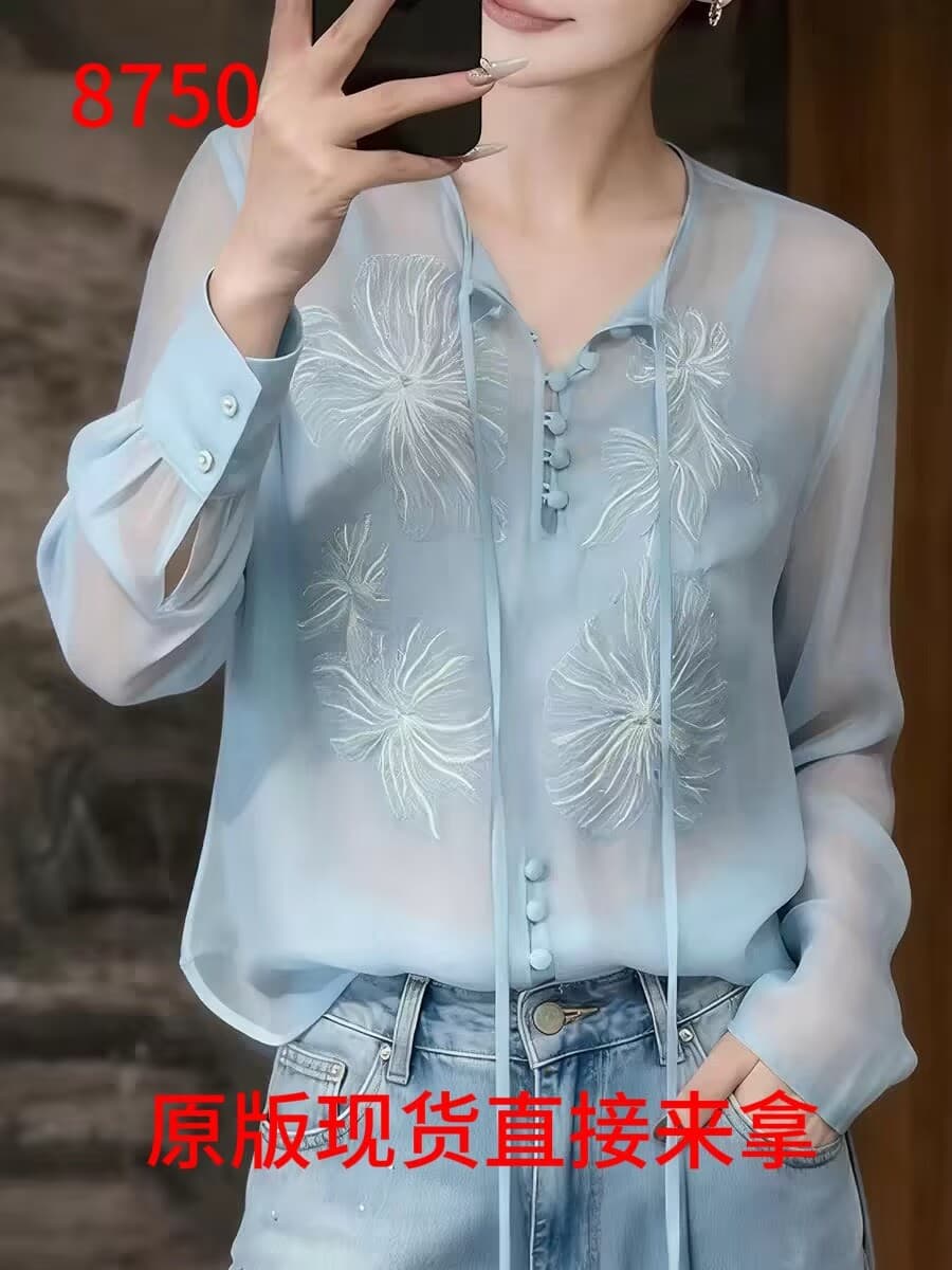 미니멀리즘 바람 파란색 자수 여성 셔츠 2026 봄 여름 긴팔 레이스업 디자인 센스 고급 센스 품격 다용도 맨위