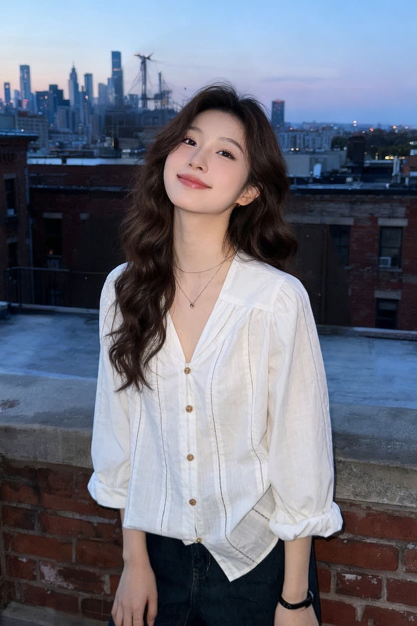 프랑스식 홀로우 아웃 V넥 화이트 수직 곡물 면 린넨 싱글 줄 버튼 맨위 여성 고급 센스 루즈핏 다용도 품격 셔츠 이미지 6