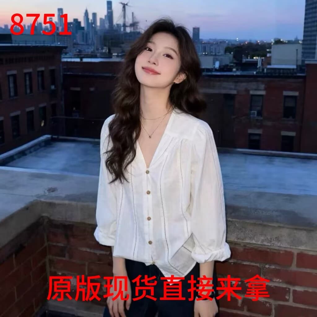 프랑스식 홀로우 아웃 V넥 화이트 수직 곡물 면 린넨 싱글 줄 버튼 맨위 여성 고급 센스 루즈핏 다용도 품격 셔츠