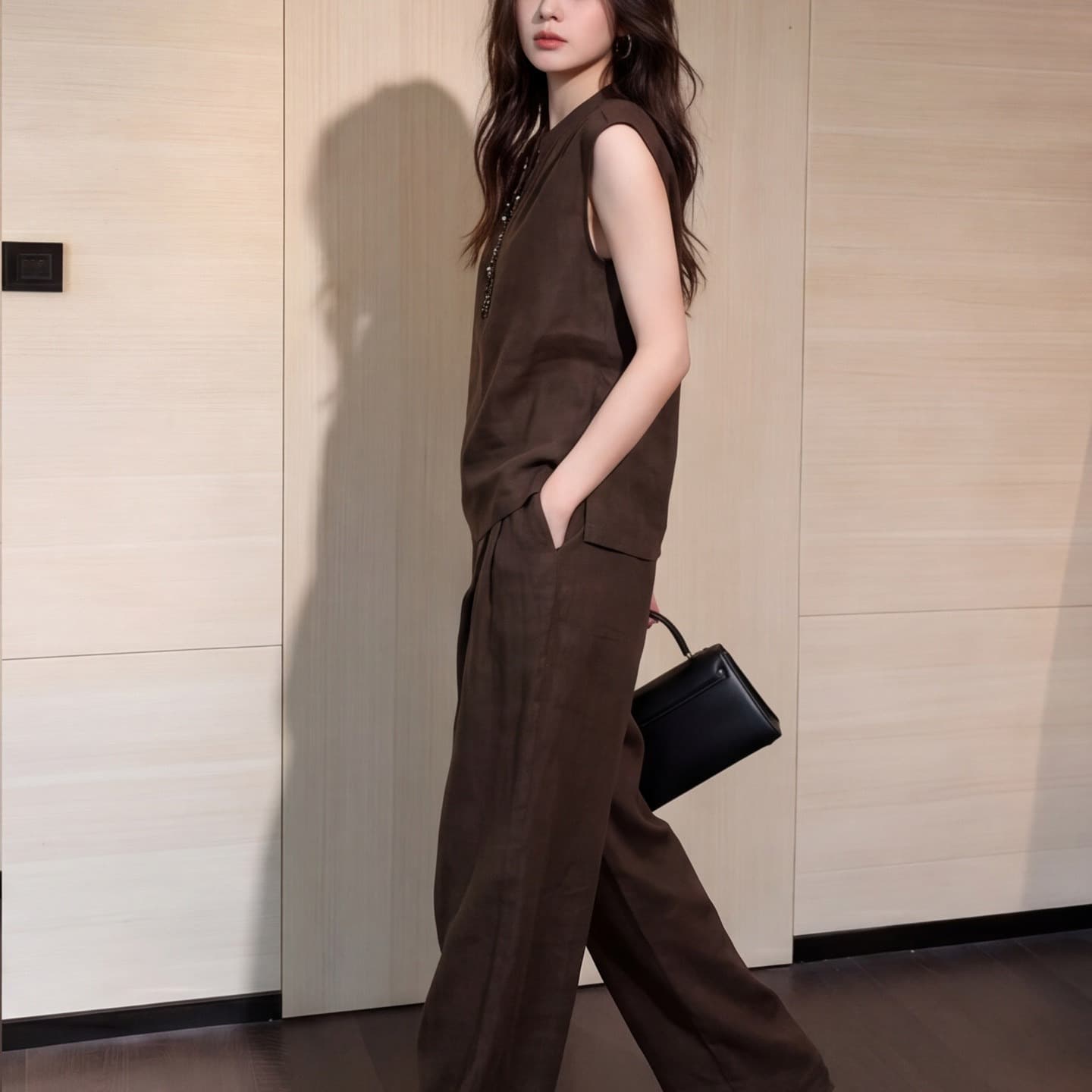 고급 센스 커피 색상 베스트 와이드 레그 팬츠 세트 여성 2026 년 여름 새로운 고급 센스 출퇴근 품격 투피스 세트 이미지 5
