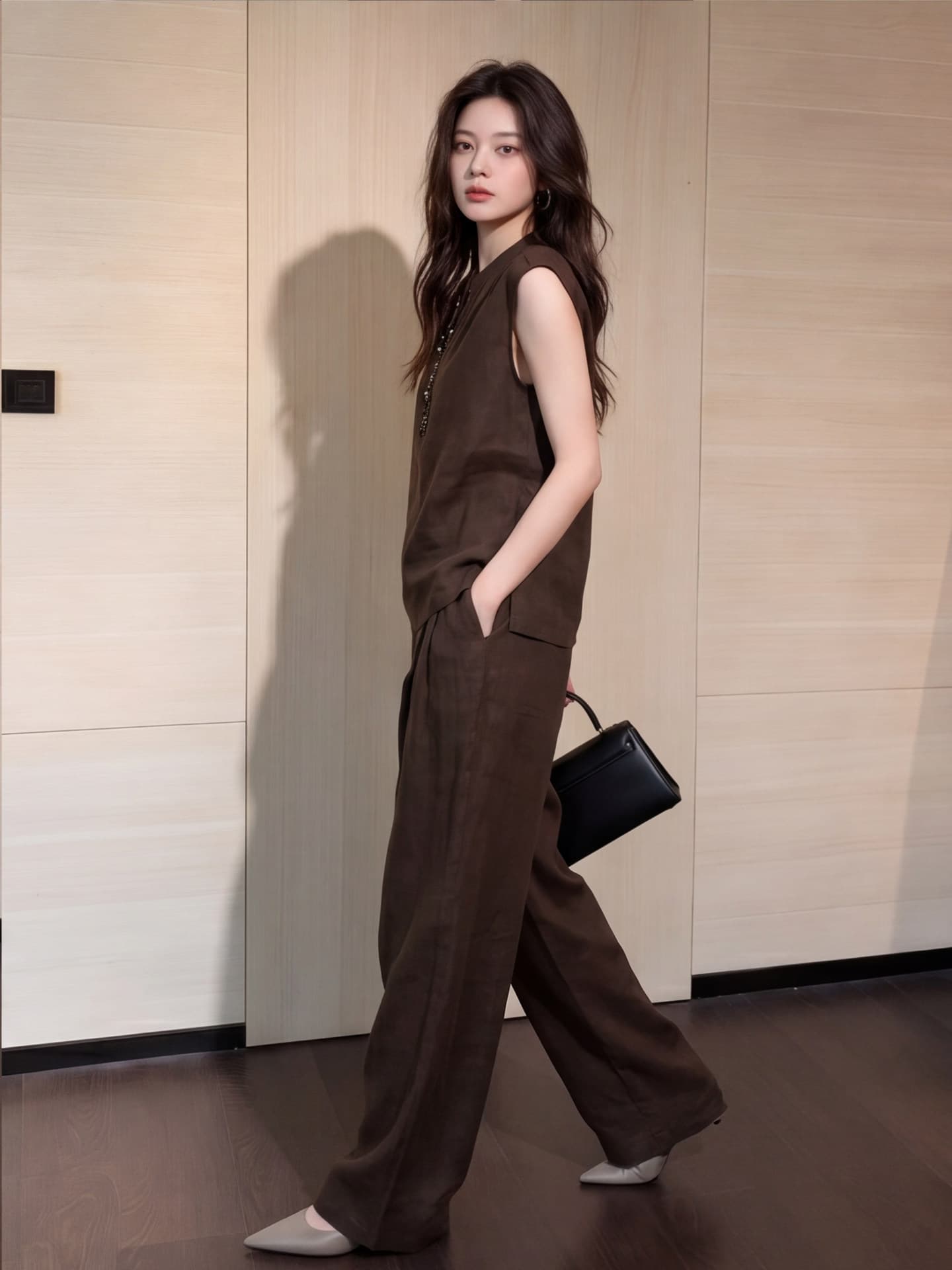 고급 센스 커피 색상 베스트 와이드 레그 팬츠 세트 여성 2026 년 여름 새로운 고급 센스 출퇴근 품격 투피스 세트 상세 이미지 5