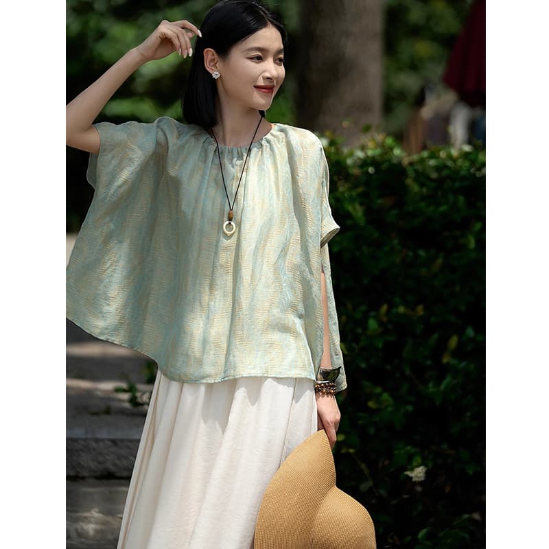 휩쓸다 차가운 작은 에어컨 구름 유리 셔츠 라운드 넥 축소 Pleat 박쥐 작은 맨위 이미지 2