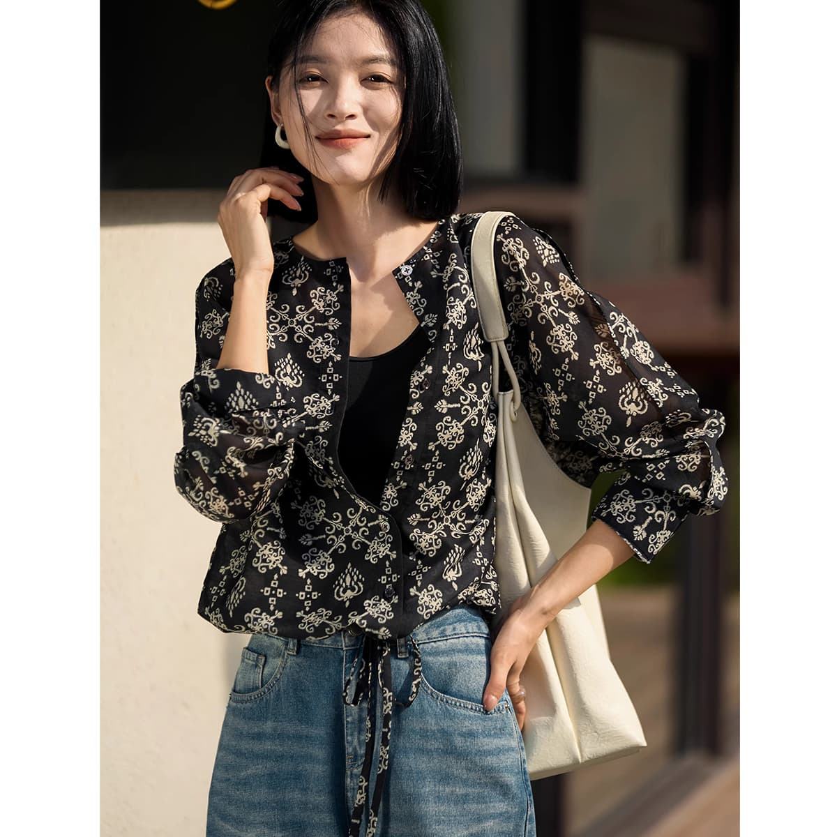 레트로 공동 블랙 하단 프린트 출퇴근 세련된 긴팔 펌프 로프 맨위 셔츠 25 가을 이미지 3