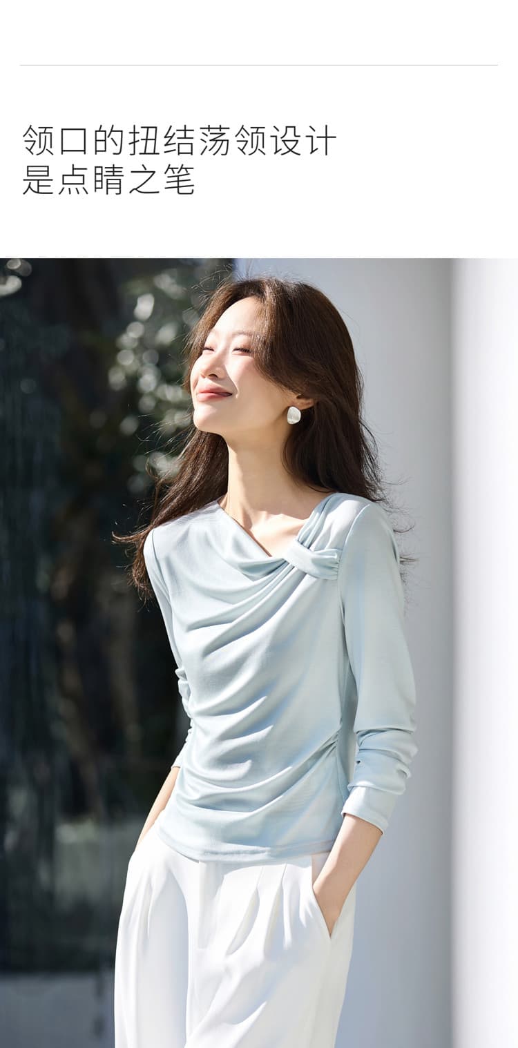 프랑스식 슬림해 보이는 26 봄 새로운 비틀림 디자인 만나는 맨위 긴팔 몸매 가꾸기 인사이드 가져 가라. 비스듬한 어깨 t 상세 이미지 3