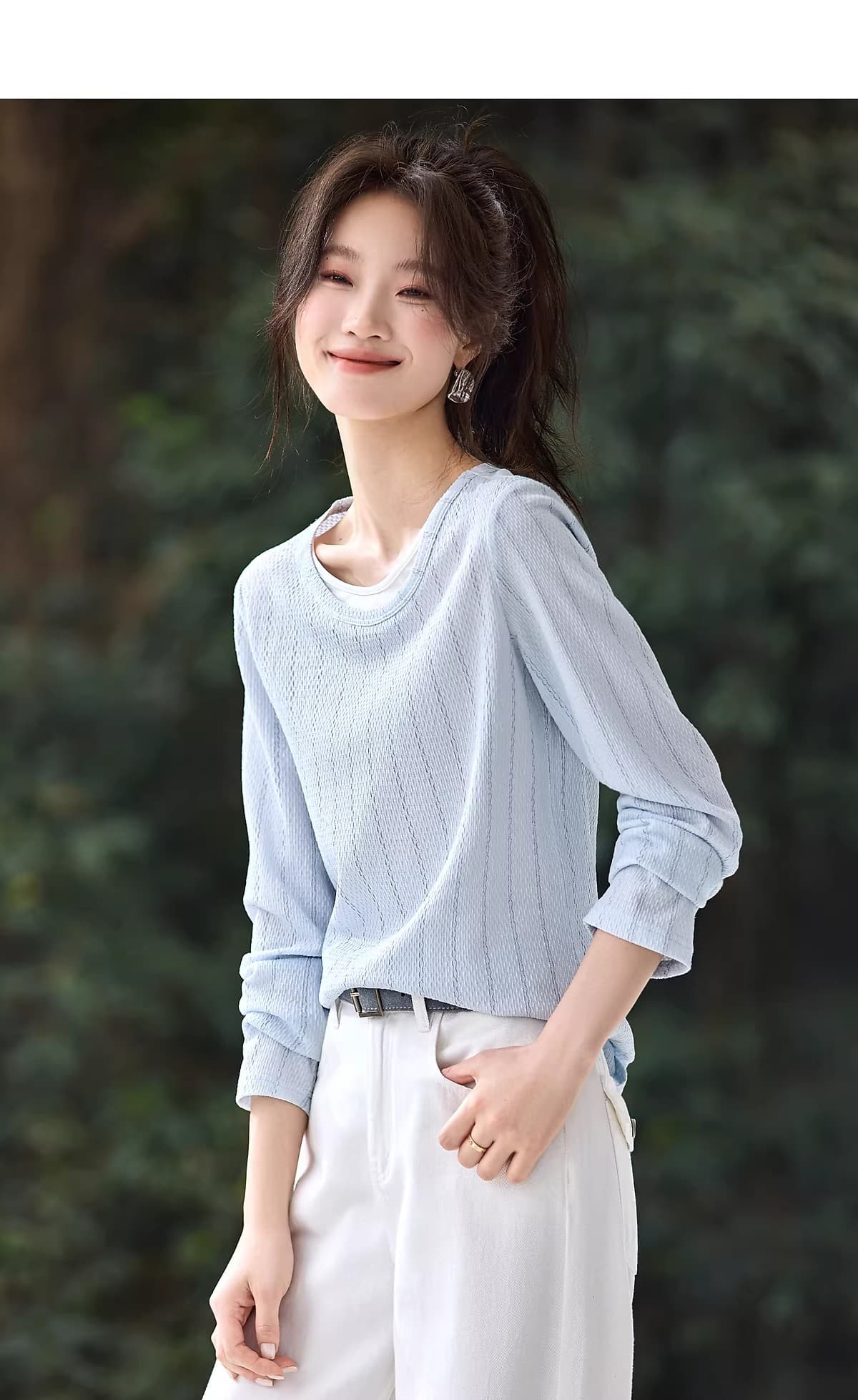 긍정적 인 어깨 질감 센스 긴팔 26 봄 새로운 배색 페이크 레이어드 V넥 신선함 센스 다용도 티셔츠 여자 상세 이미지 1