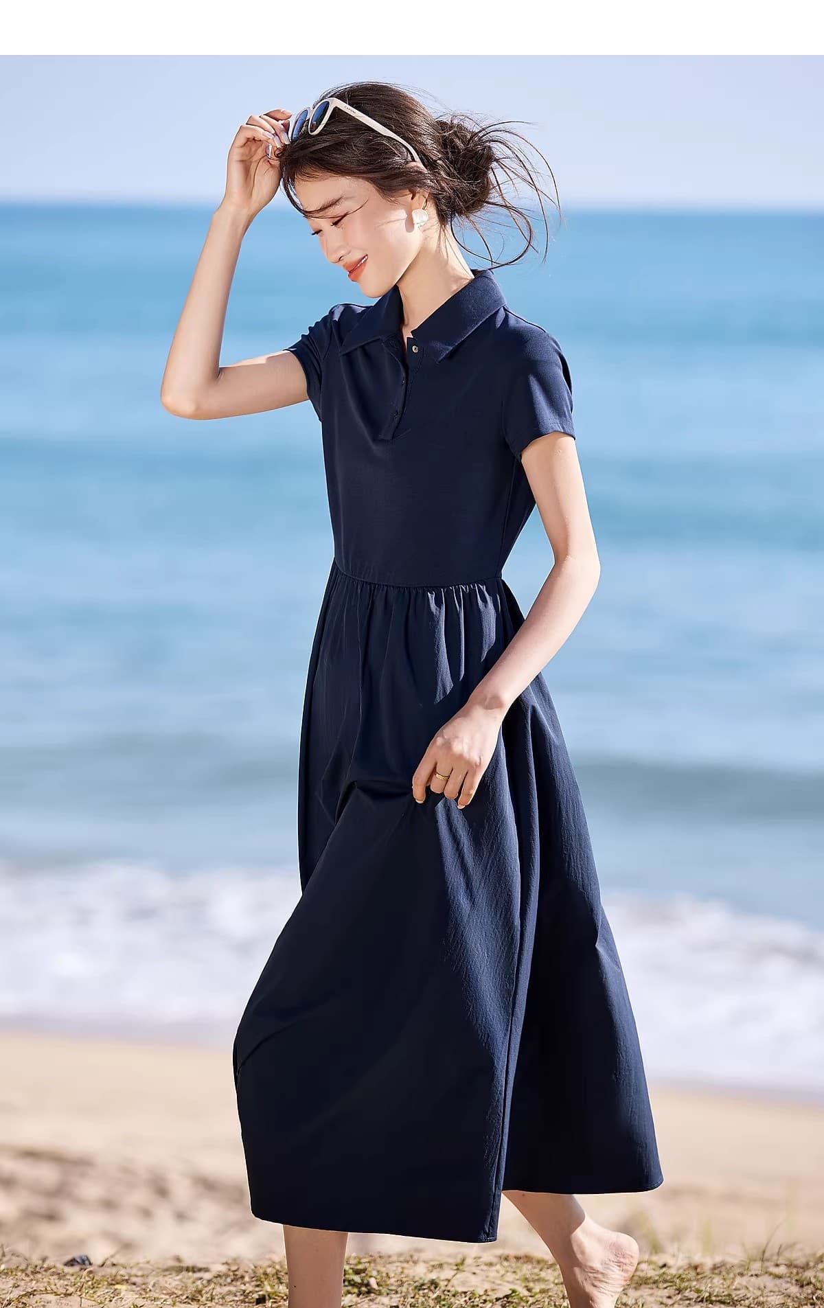 2026 여름 새로운 캐주얼 POLO 칼라 패치워크 허리 수축 느긋한 반팔 여성 드레스 상세 이미지 9