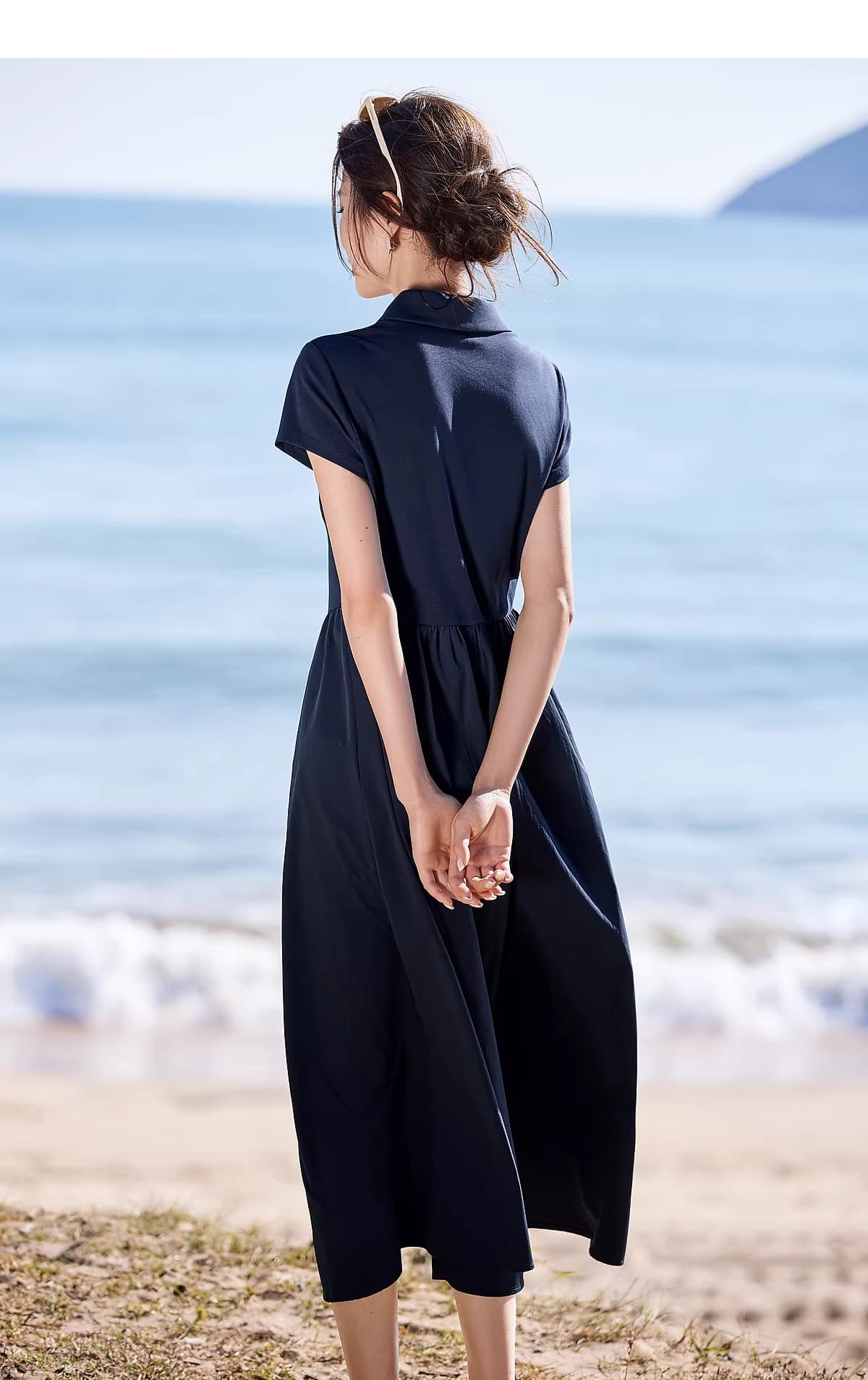 2026 여름 새로운 캐주얼 POLO 칼라 패치워크 허리 수축 느긋한 반팔 여성 드레스 상세 이미지 10