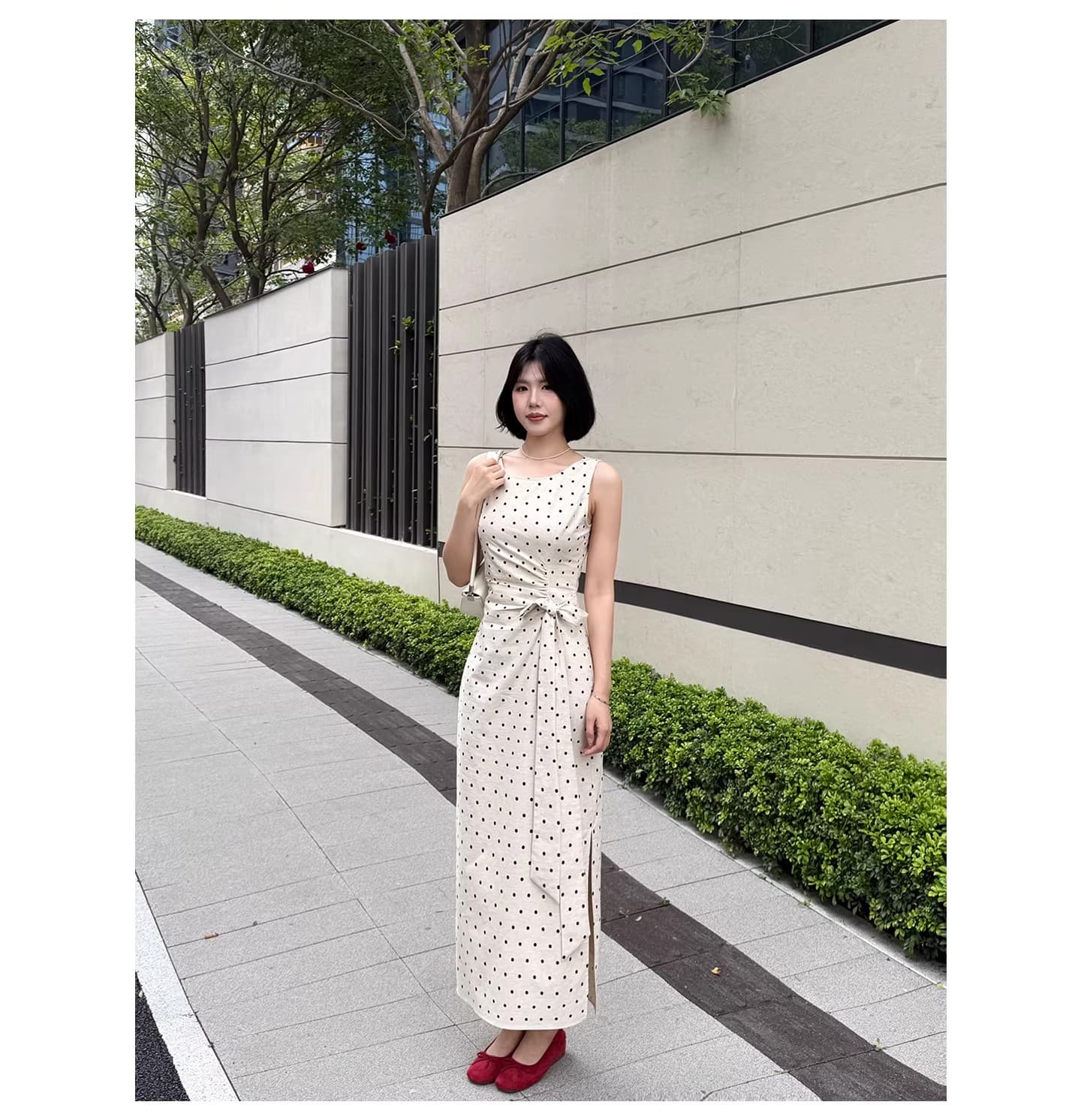 아마 민소매 도트 무늬 조끼 여성 드레스 2026 여름 꼬집기 허리 슬림해 보이는 치마 상세 이미지 6
