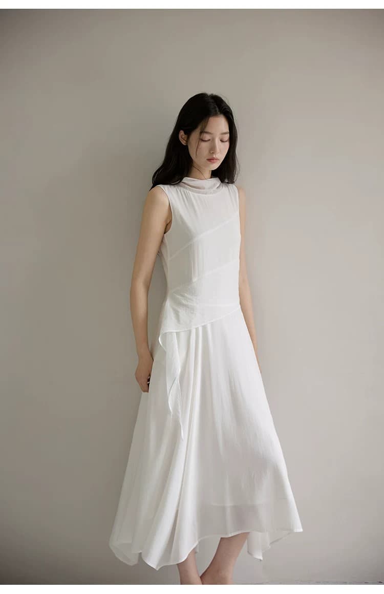 프랑스식 우아함 화이트 흔들다 칼라 민소매 여성 드레스 여름 리본 디자인 센스 조끼 스커트 상세 이미지 7