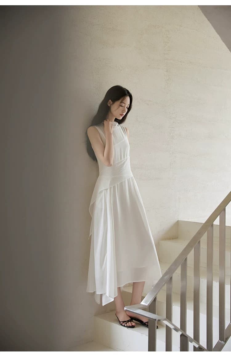 프랑스식 우아함 화이트 흔들다 칼라 민소매 여성 드레스 여름 리본 디자인 센스 조끼 스커트 상세 이미지 11