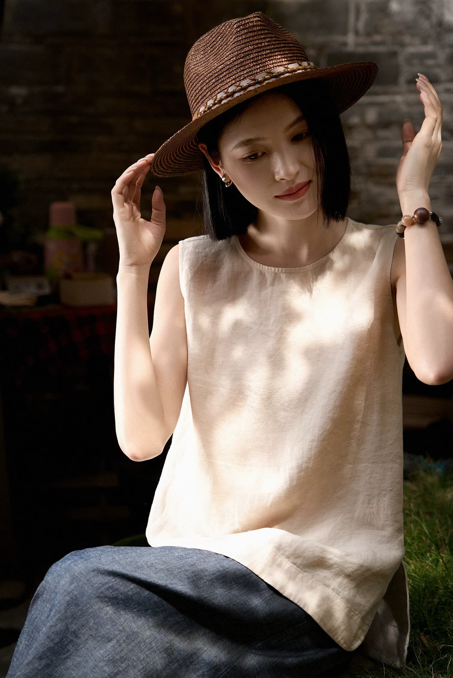 웃음 한 법원 끓인 물 세트 느긋한 느슨함 라운드 넥 민소매 작은 맨위 캐주얼 바지 여성 여름 상세 이미지 13