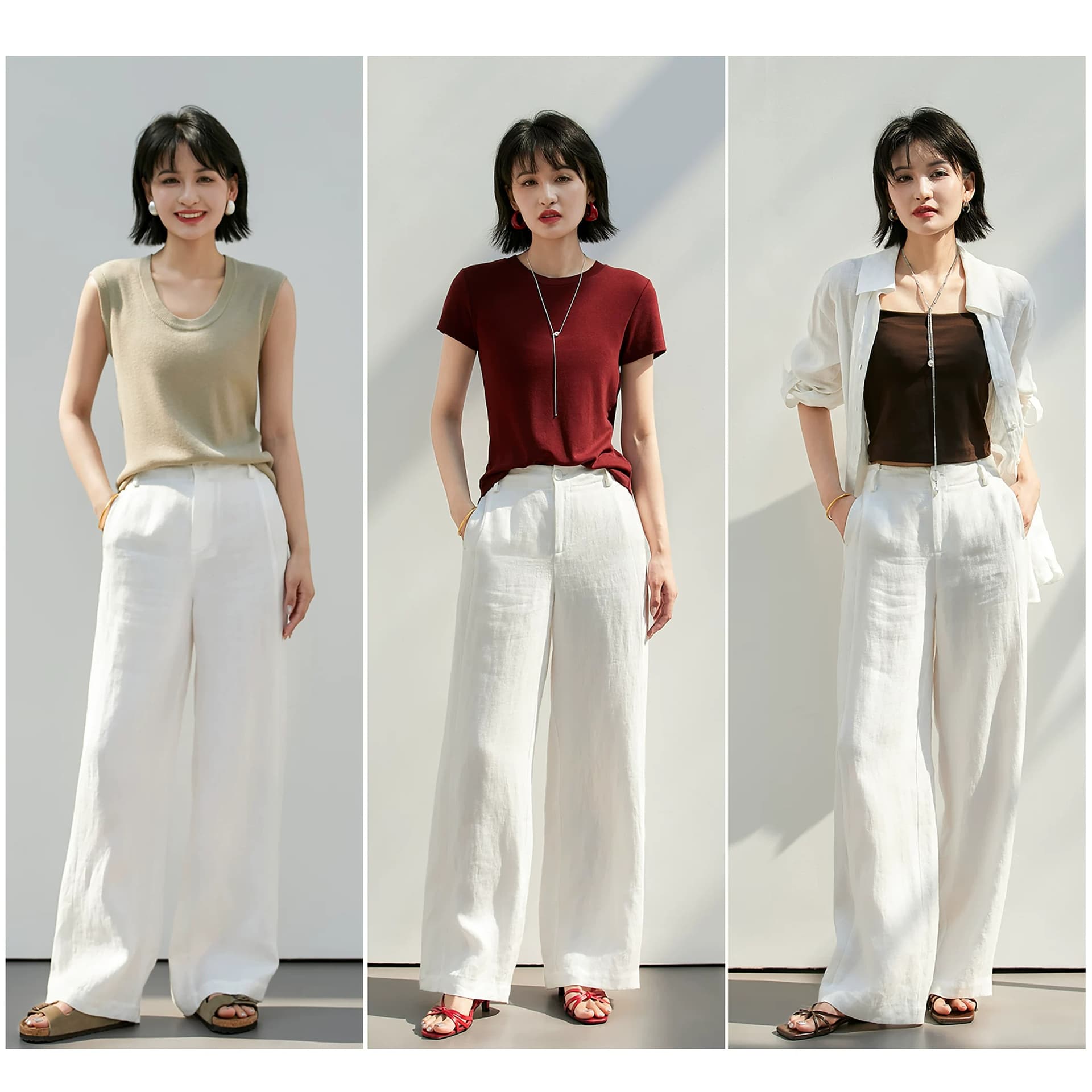 웃음 한 법원 끓인 물 한 마 세트 느긋한 느슨함 라운드 넥 민소매 작은 맨위 캐주얼 바지 여성 여름 상세 이미지 4