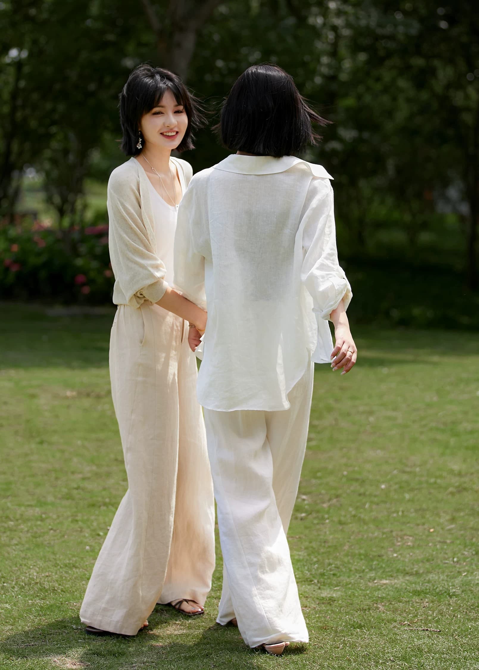 웃음 한 법원 끓인 물 한 마 세트 느긋한 느슨함 라운드 넥 민소매 작은 맨위 캐주얼 바지 여성 여름 상세 이미지 29