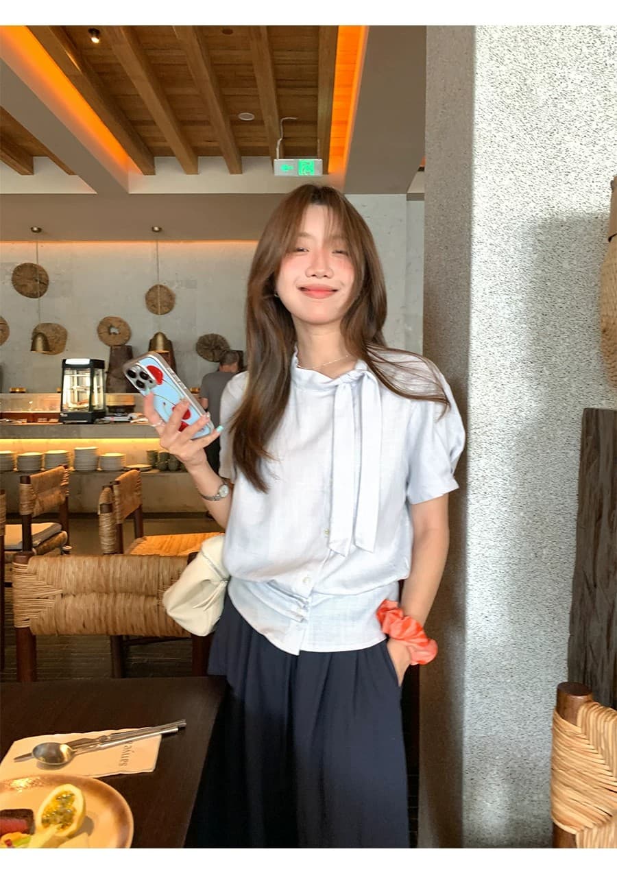 부드러운 인자 한 부서 가스 질감 리본 칼라 셔츠 여성 여름 작은 키 미니멀리즘 허리 수축 작은 셔츠 상세 이미지 5