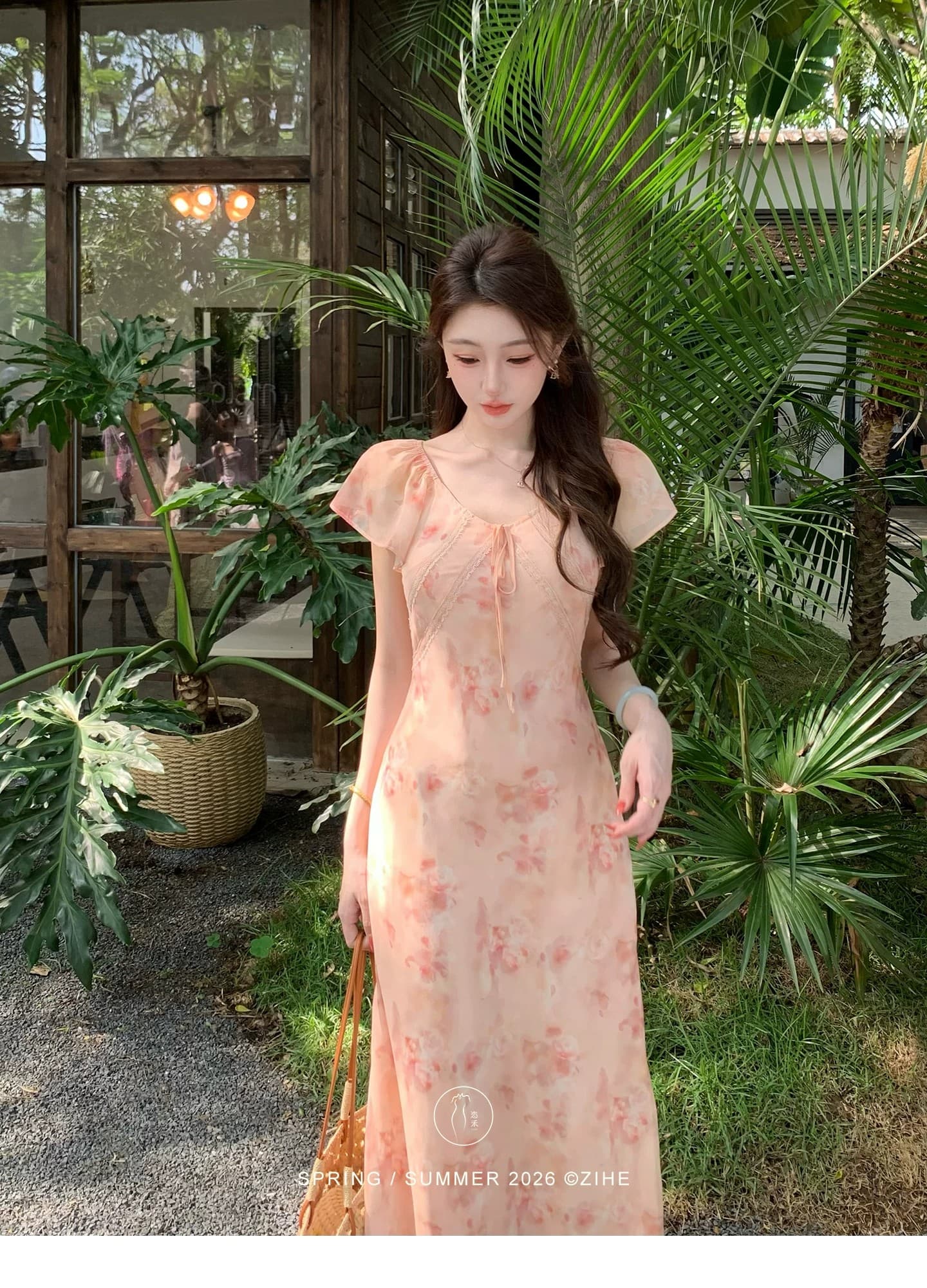 구름 사쿠라 빛 소매 휴가 바람 주황색 핑크색 꽃무늬 여성 드레스 봄 여름 작은 날다 소매 프랑스식 롱 스커트 상세 이미지 6