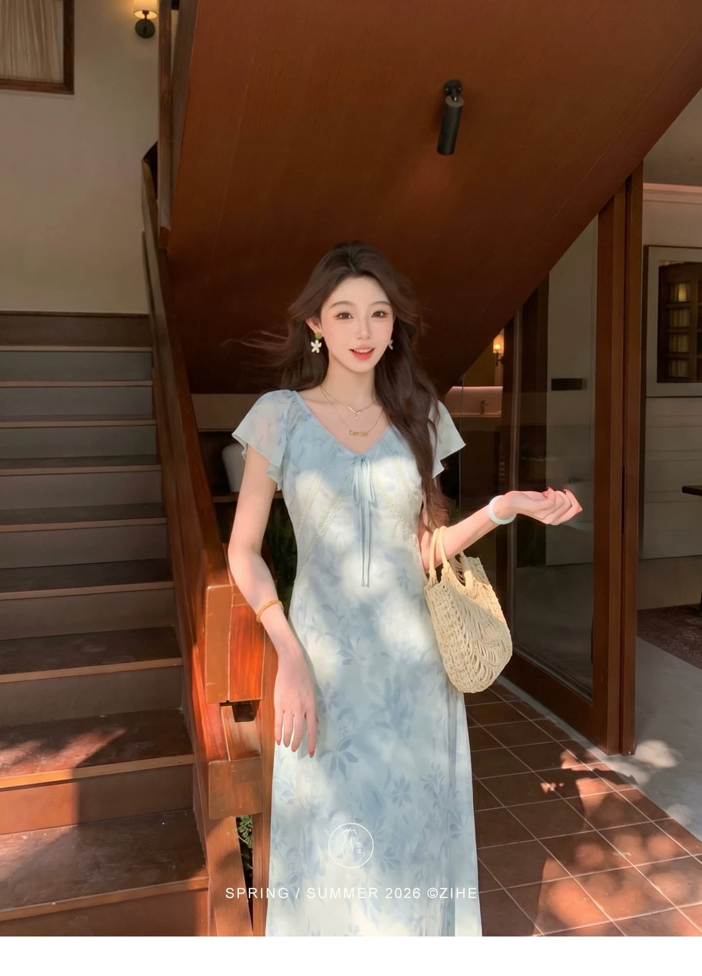 구름 사쿠라 빛 소매 휴가 바람 주황색 핑크색 꽃무늬 여성 드레스 봄 여름 작은 날다 소매 프랑스식 롱 스커트 상세 이미지 13