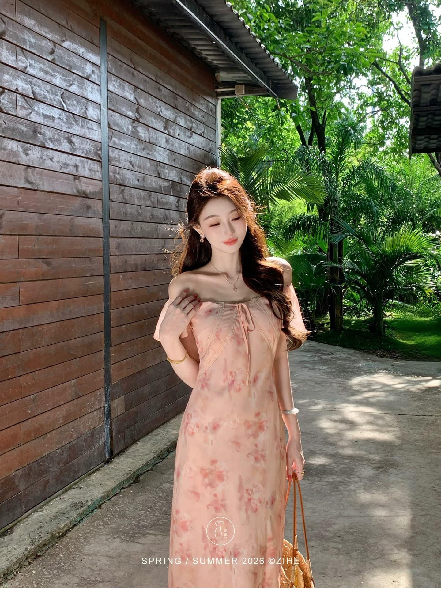 구름 사쿠라 빛 소매 휴가 바람 주황색 핑크색 꽃무늬 여성 드레스 봄 여름 작은 날다 소매 프랑스식 롱 스커트 상세 이미지 14