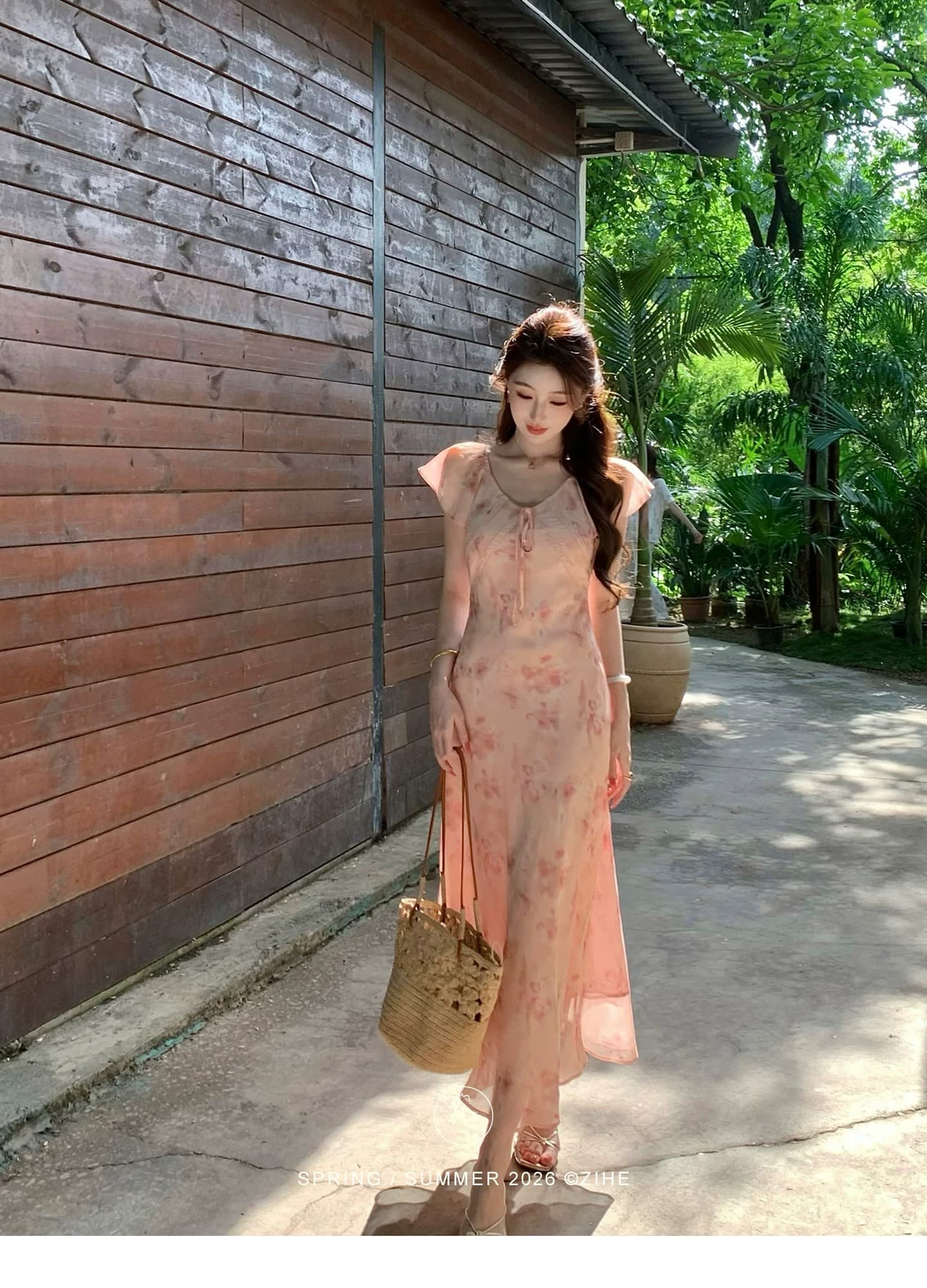 구름 사쿠라 빛 소매 휴가 바람 주황색 핑크색 꽃무늬 여성 드레스 봄 여름 작은 날다 소매 프랑스식 롱 스커트 상세 이미지 15