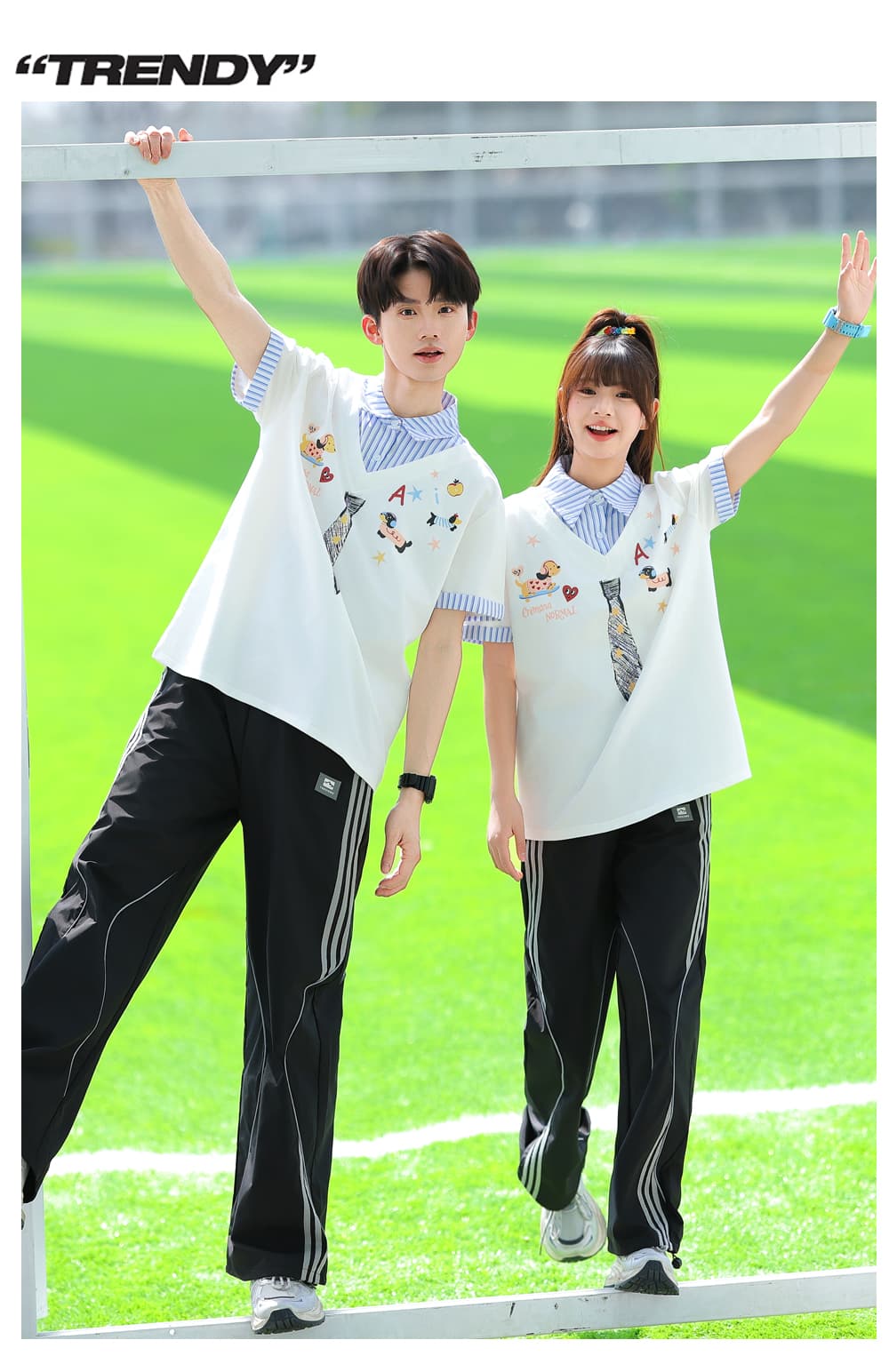 이미 재고 있음 실사 봄 여름 캠퍼스 바람 학생 반팔 남녀 세트 상세 이미지 2